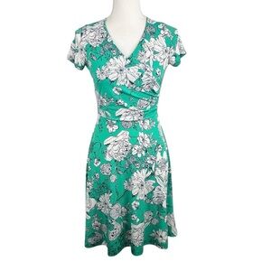 Solgee Green Black White Floral Spring Summer Faux Wrap Dress Size Small